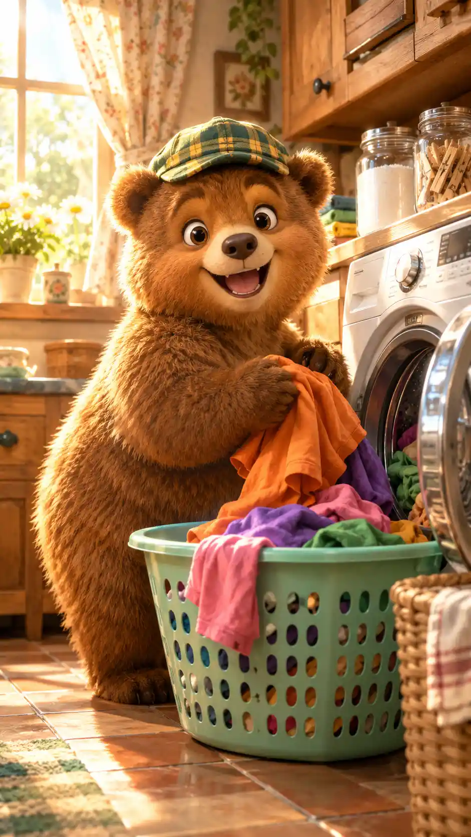 Adorable ours cartoon qui fait la lessive dans une chambre vintage et chaleureuse