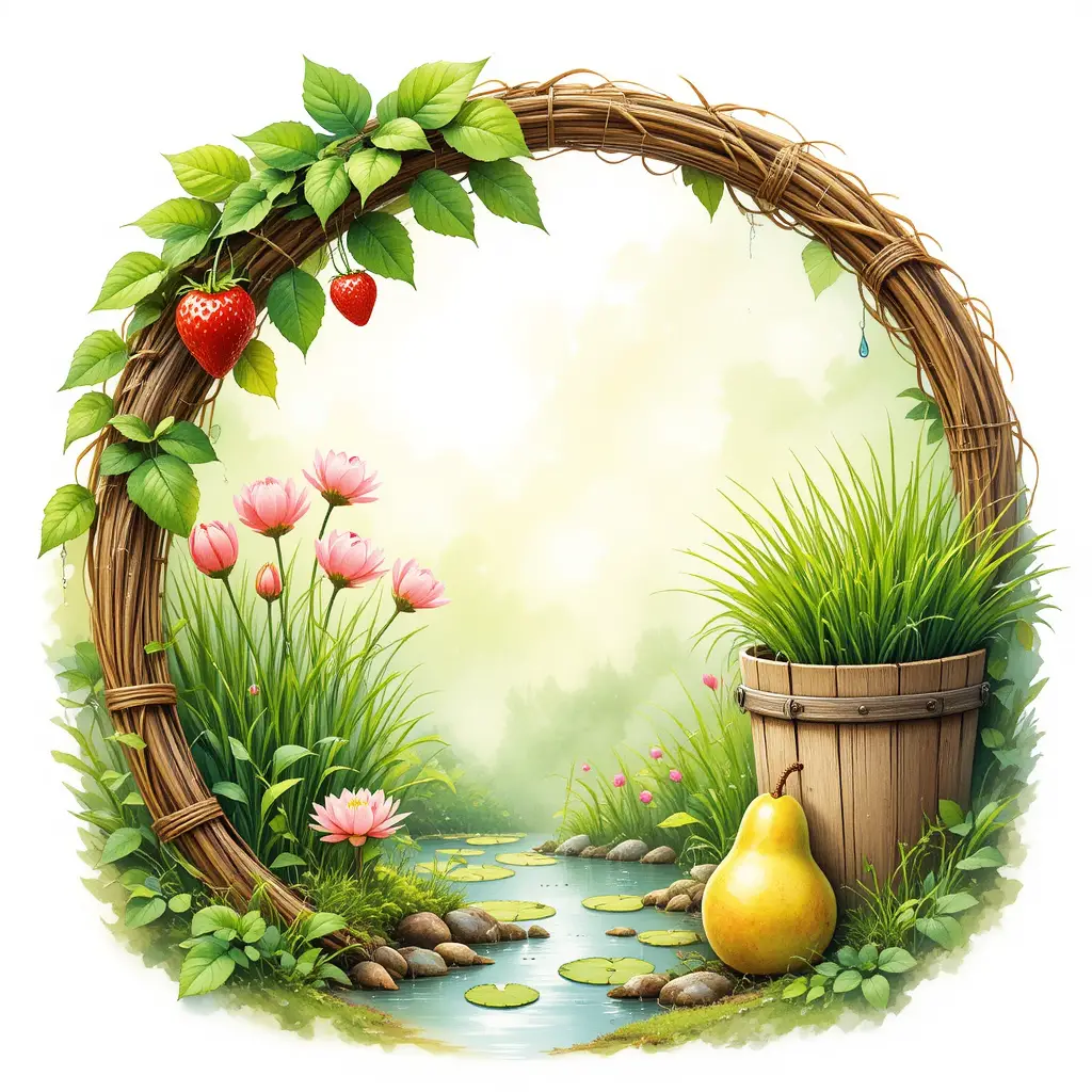 Whimsical garden arch framing bright flowers and stream