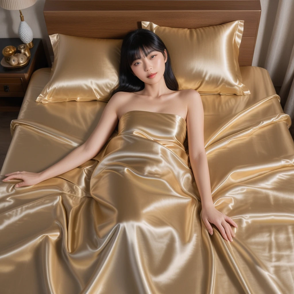 Mujer japonesa tumbada en lujosa cama king de satén color champán