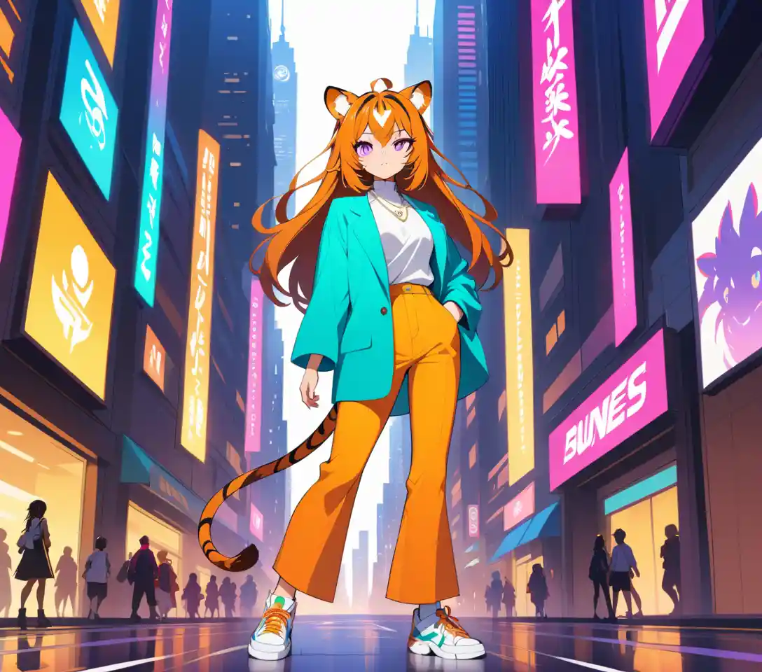Confident tigress woman walking through modern city street