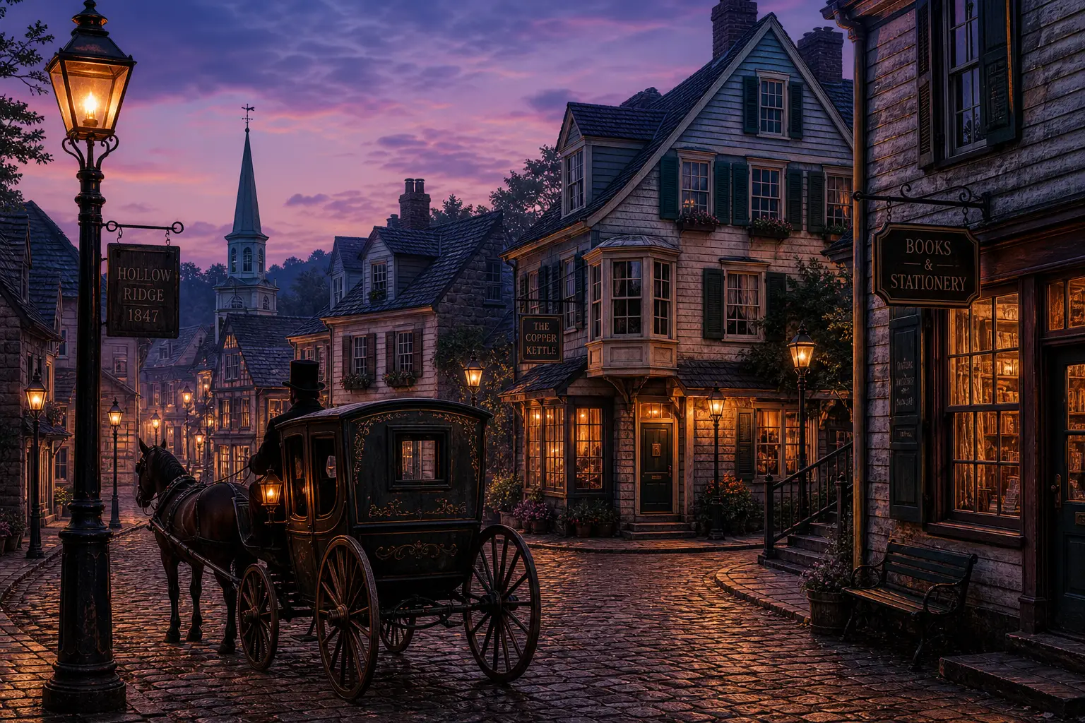 Calèche tirée par des chevaux dans une rue pavée de village au crépuscule