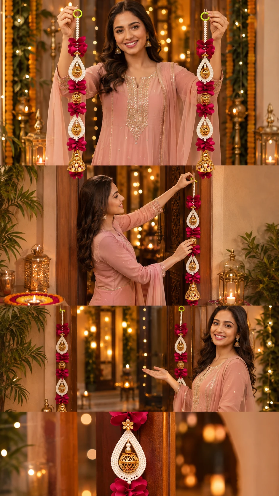Mulher indiana apresentando enfeite de porta de Diwali em entrada iluminada