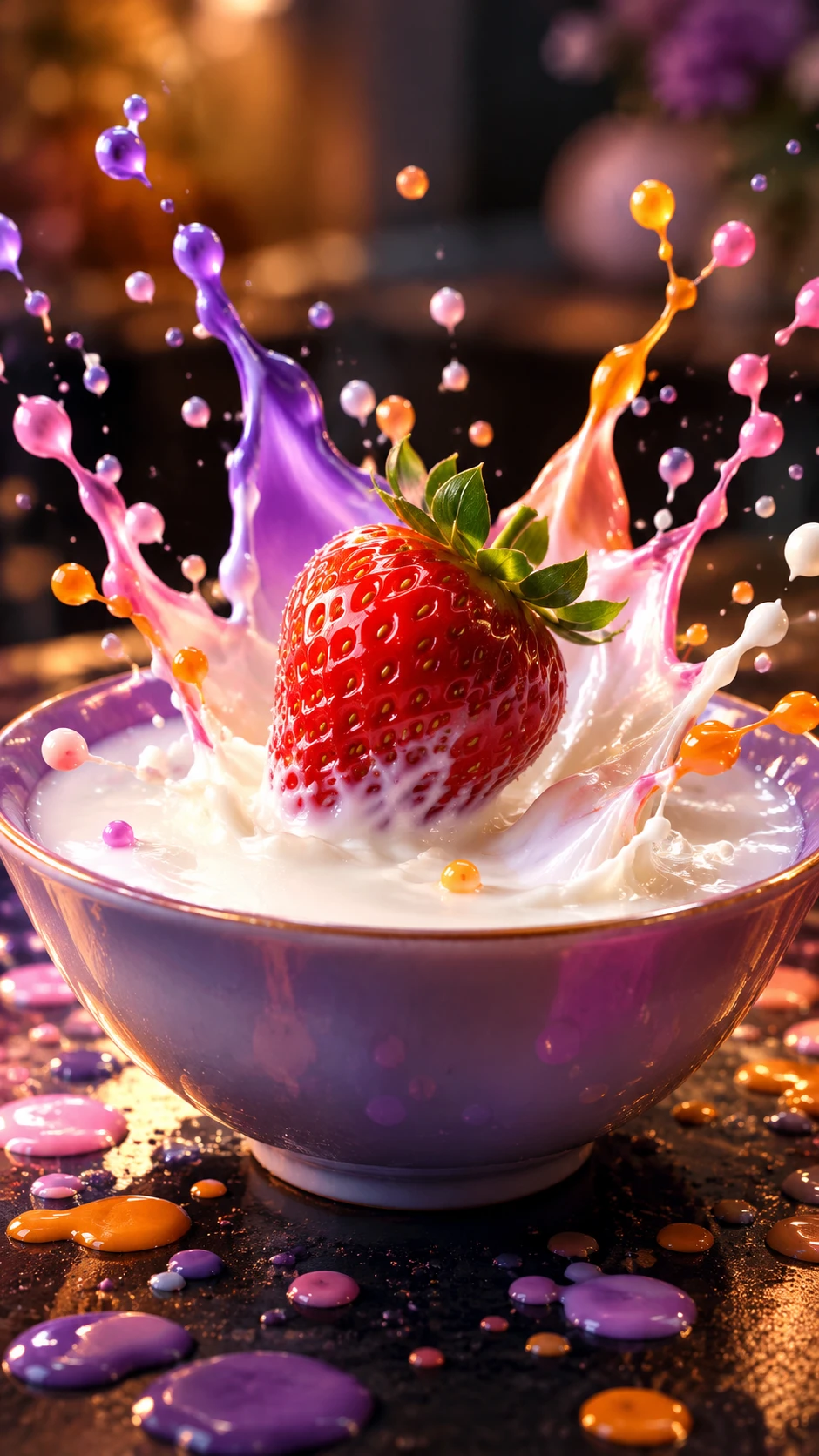 Strawberry Splashing Into Glowing Liquid In Close Up