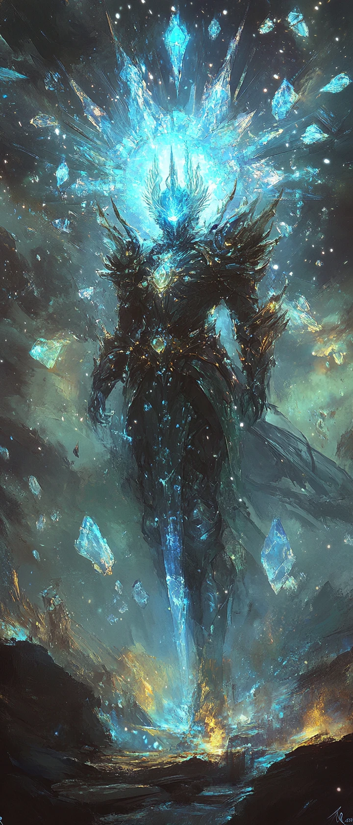 Crystal armored knight guarding a glowing mystical portal