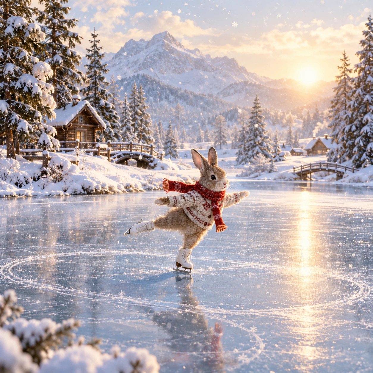 Rabbit skating on a frozen lake in winter sunlight
