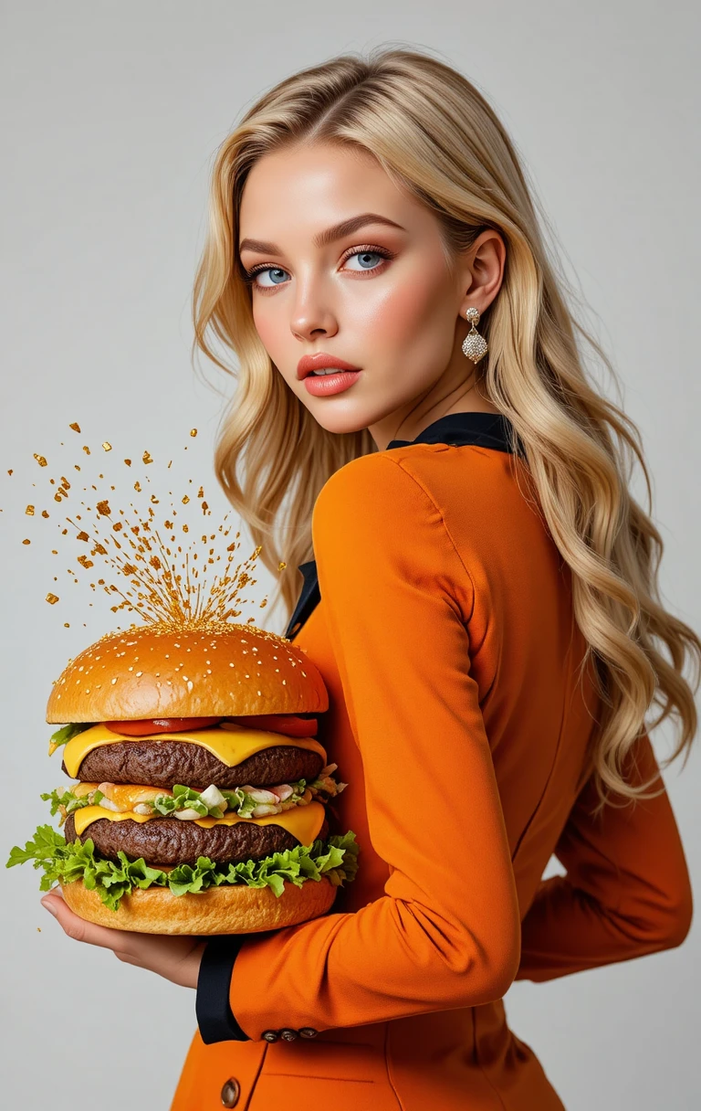 Mujer rubia con blazer naranja sosteniendo una hamburguesa gourmet explosiva