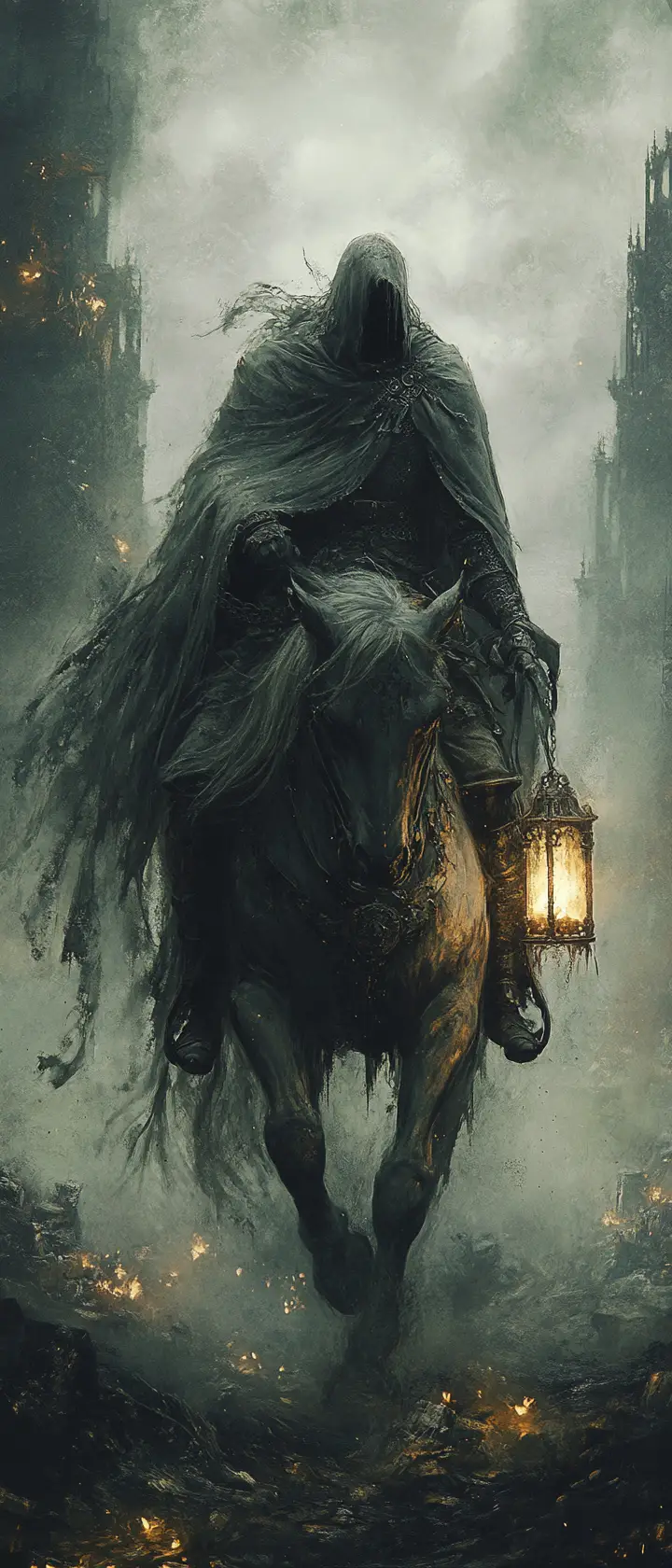 Chevalier sur Coursier Spectral à Travers la Brume Gothique