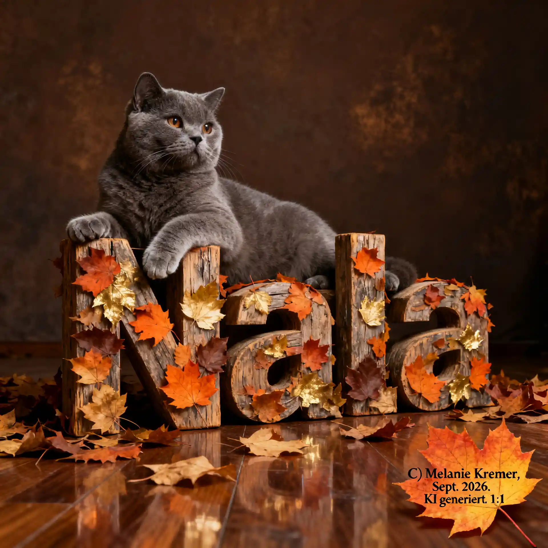 British shorthair cat resting on wooden Nala letters
