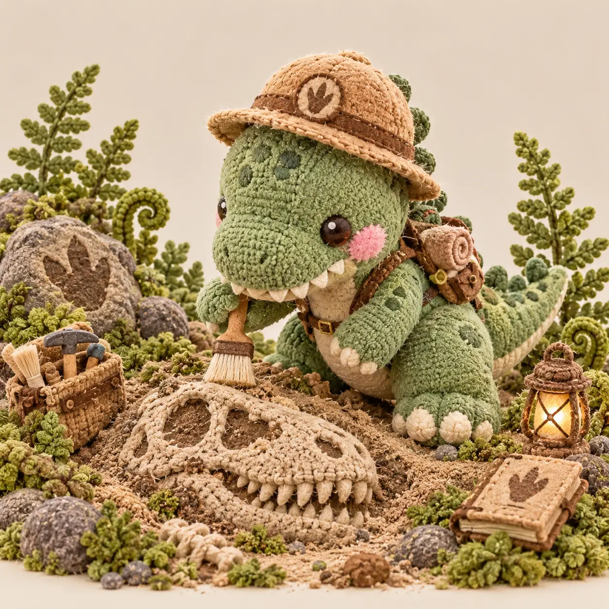 Tierno peluche de T-rex verde desenterrando un fósil de cráneo de dinosaurio