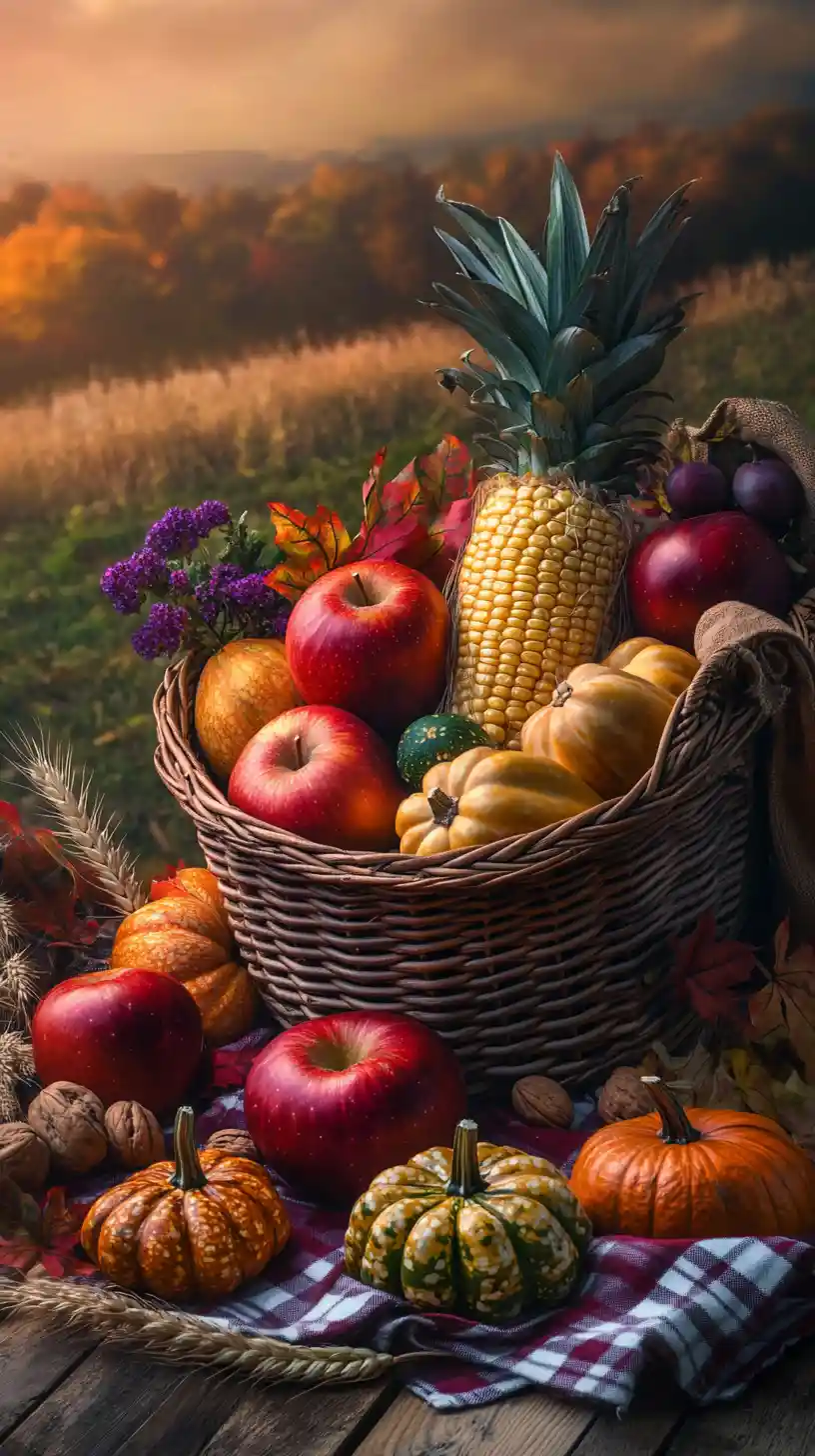 Rustic autumn harvest basket in warm evening sunlight