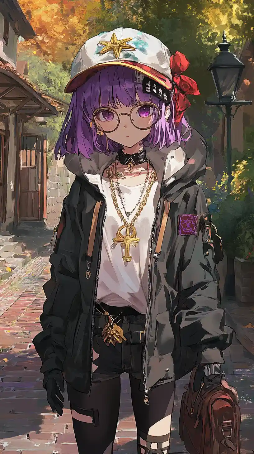 Anime girl with purple hair in elegant hat and jewelry