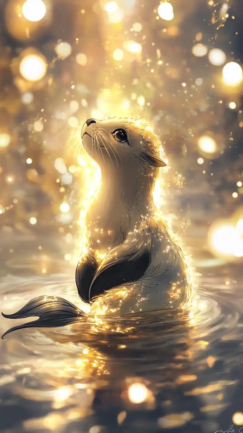 Giovane sirena foca nella luce dorata luminosa sott’acqua