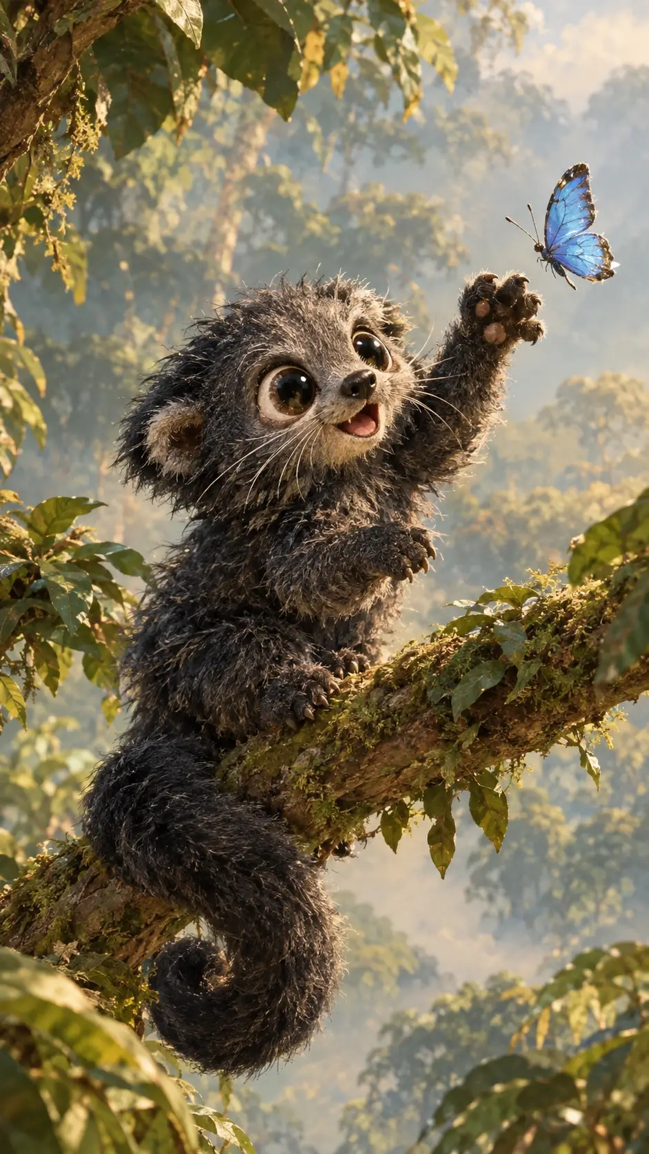 Cute bearcat playing with blue butterfly in treetop