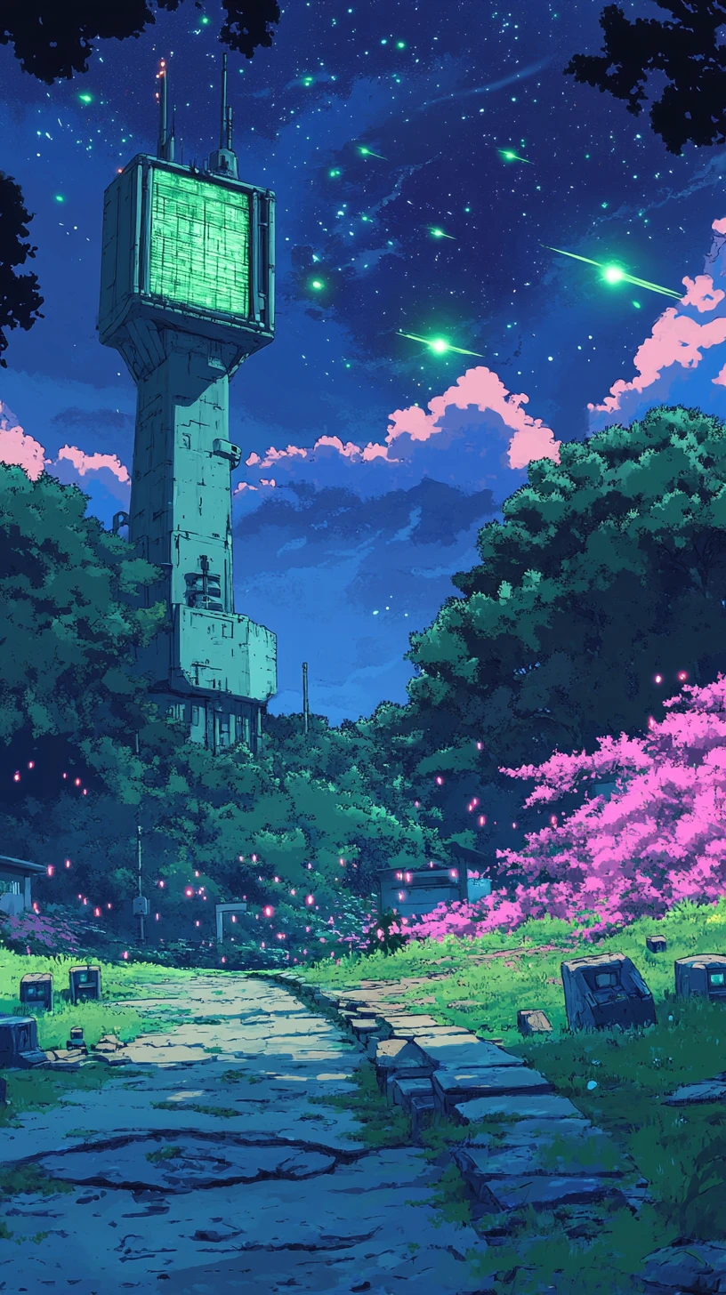Anime-Turm ragt über stürmische rosa Bäume in der Nacht