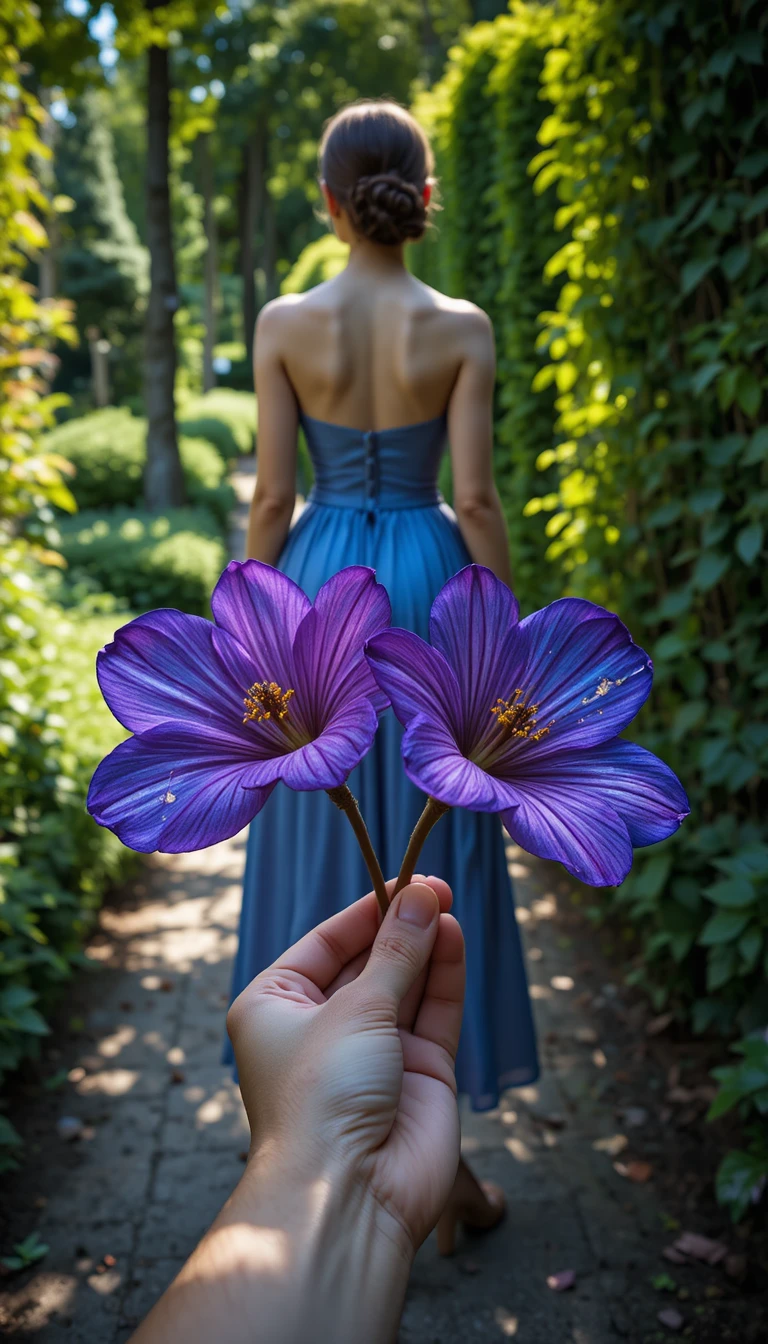Frau im Garten mit Pflaumen, die eine verspielte optische Illusion erzeugt