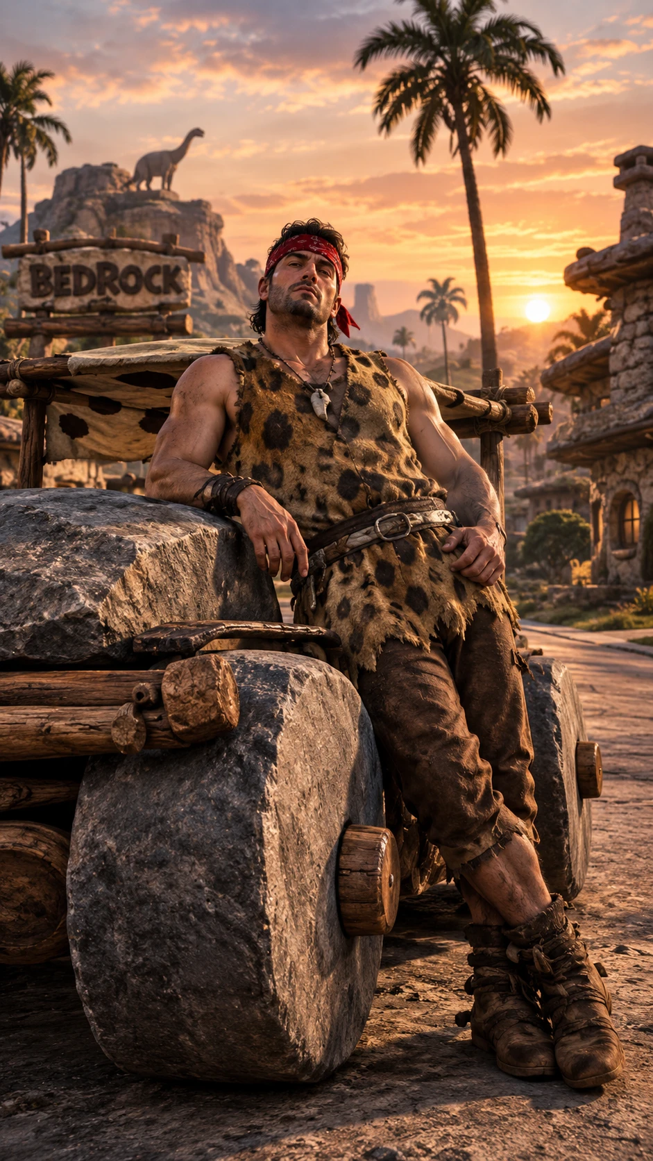 Prehistoric gangster leaning on stone age car at sunset