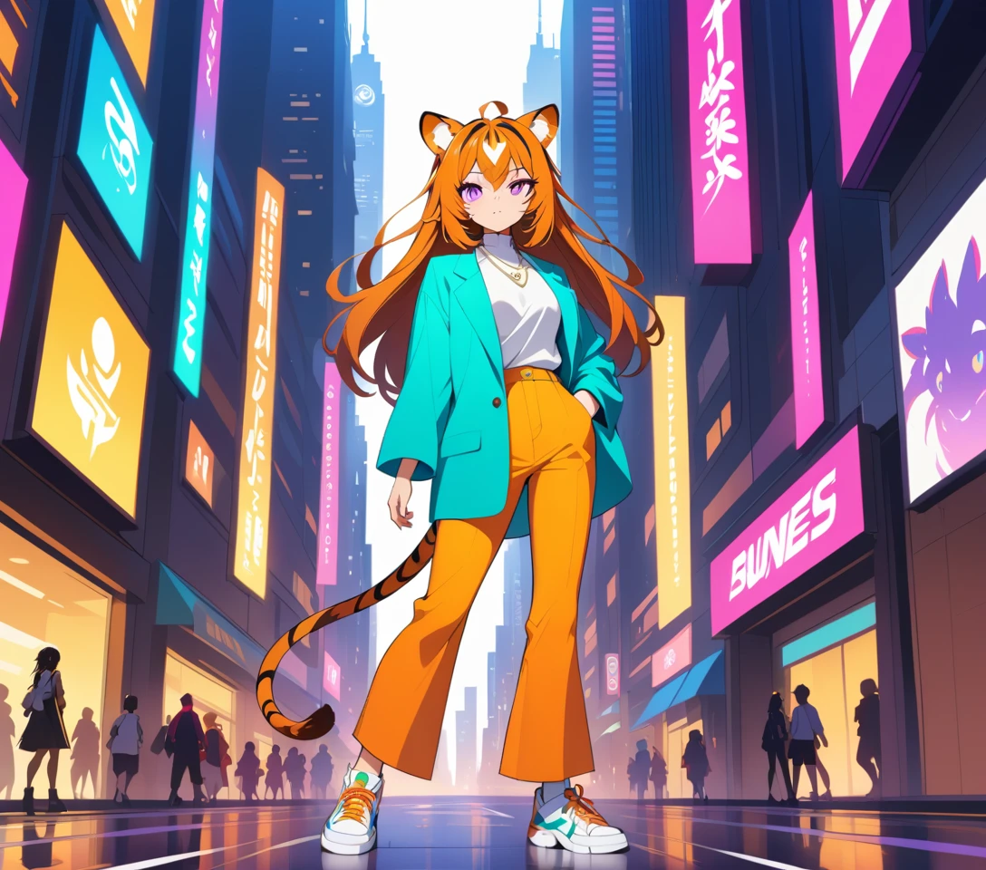 Confident tigress woman walking through modern city street