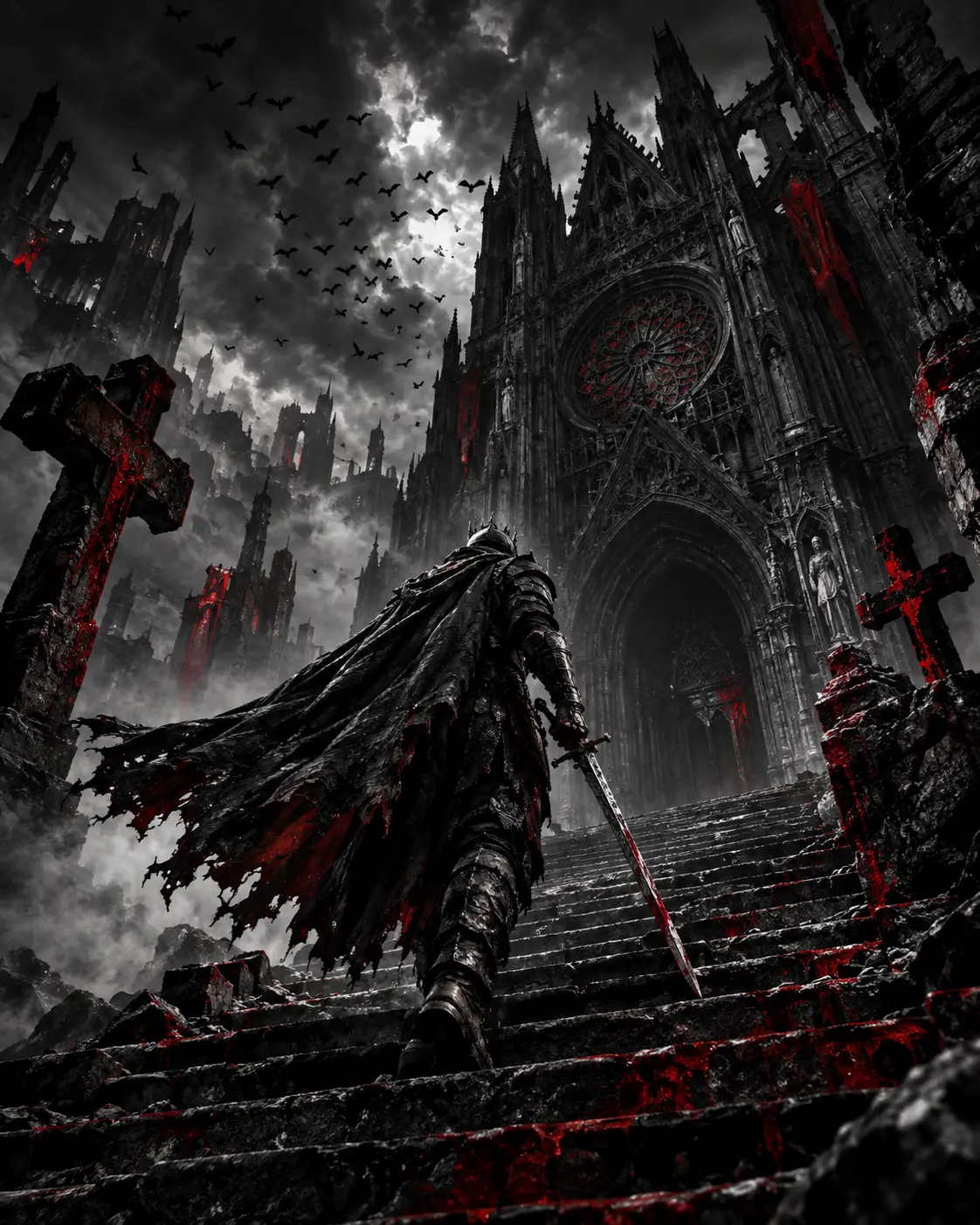 Lone armored warrior climbing toward ruined gothic cathedral