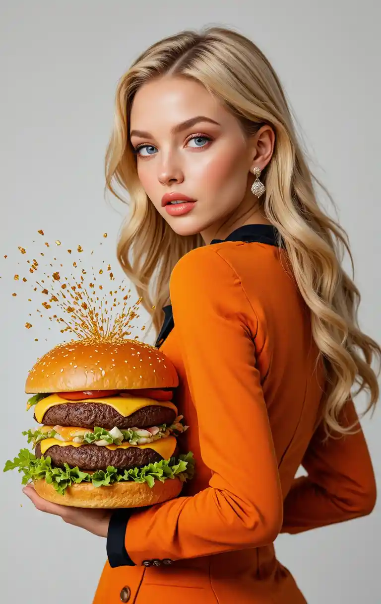 Mujer rubia con blazer naranja sosteniendo una hamburguesa gourmet explosiva