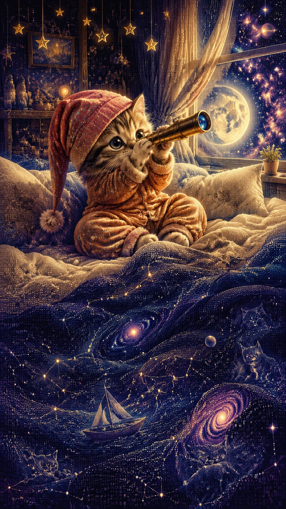 Adorable kitten in pajamas stargazing from a cozy bed