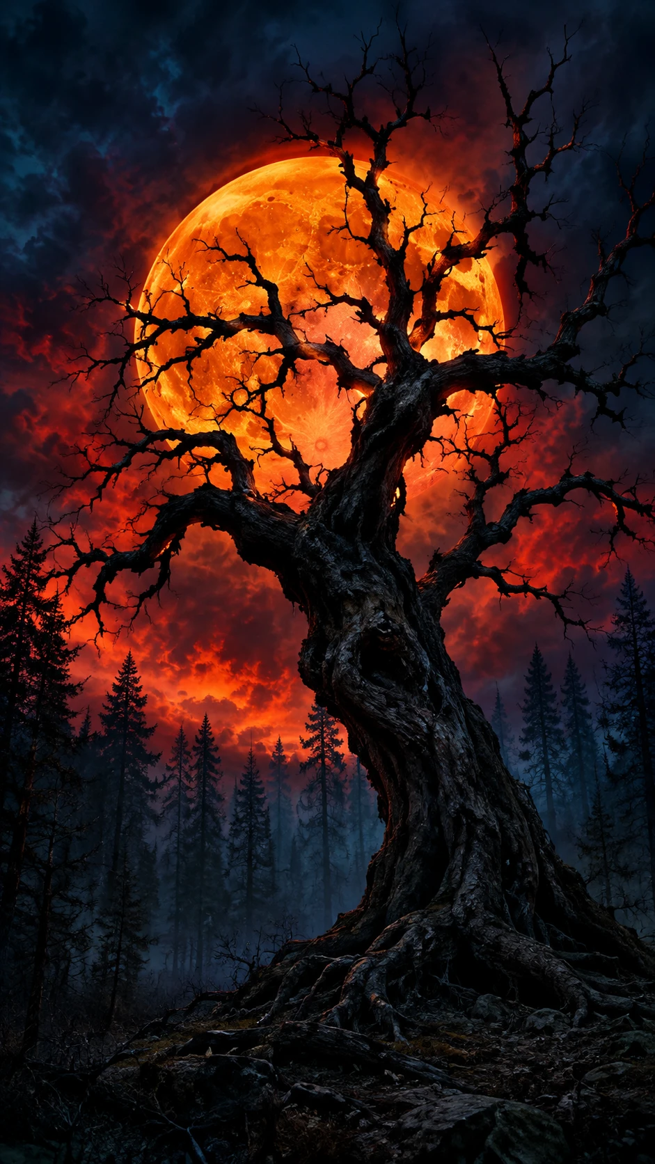 Silueta de árbol retorcido ante una luna llena naranja brillante