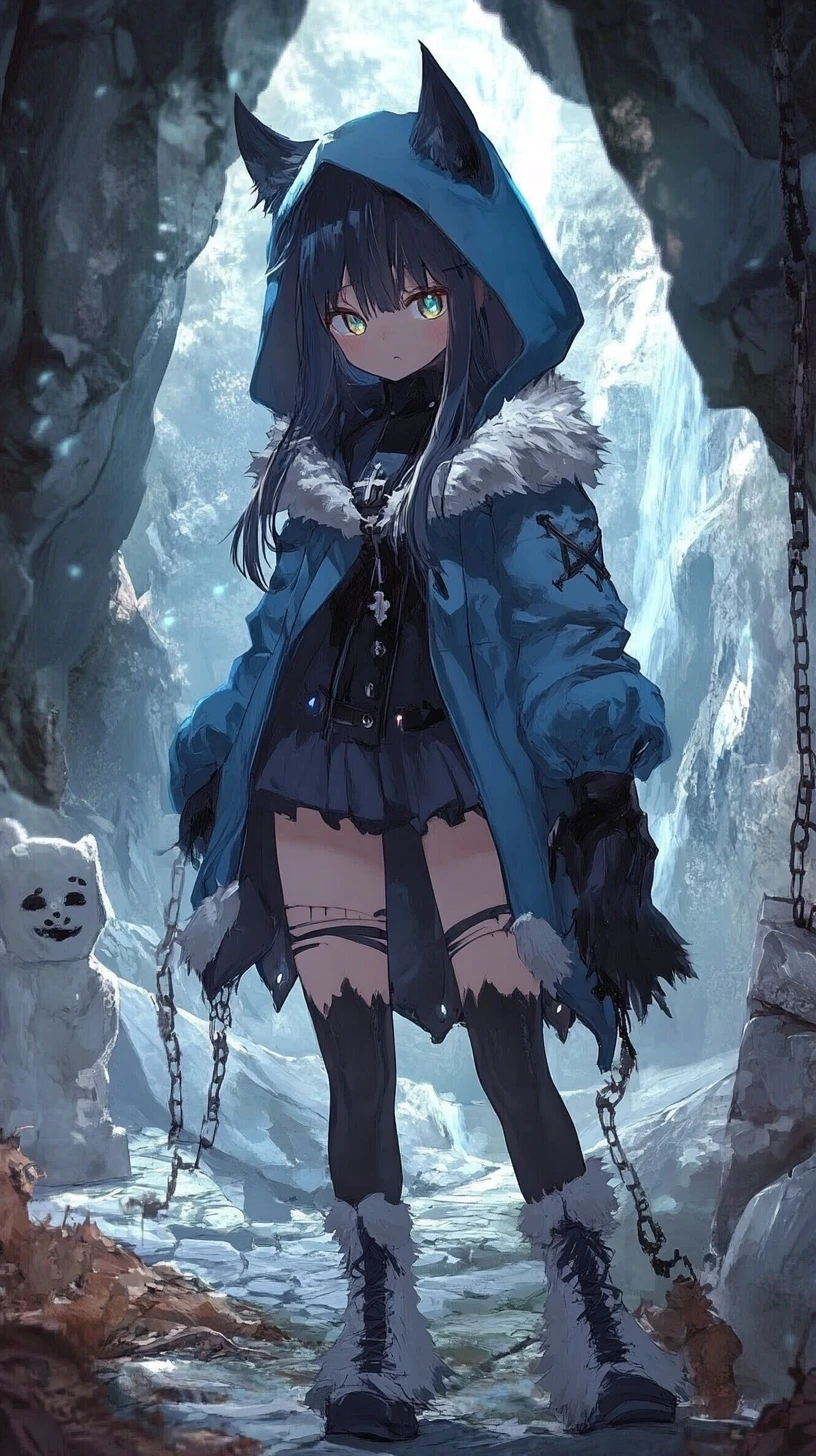 Ragazza anime con cicatrice in cappotto blu con cappuccio e occhi dorati