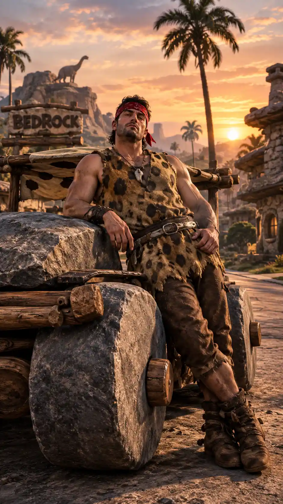 Prehistoric gangster leaning on stone age car at sunset