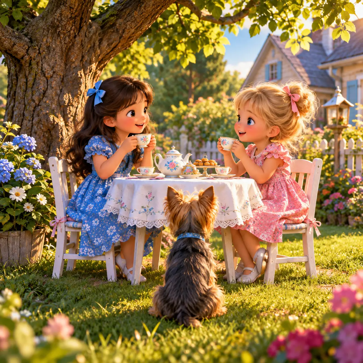 Dos niñas pequeñas en una fiesta de té en el jardín con un cachorro