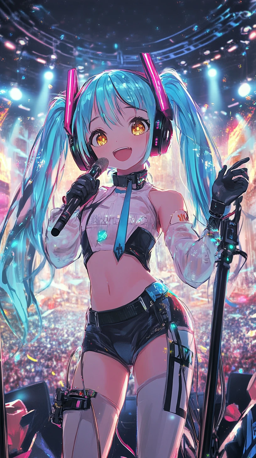 Anime-Mädchen singt auf einer futuristischen Konzertbühne