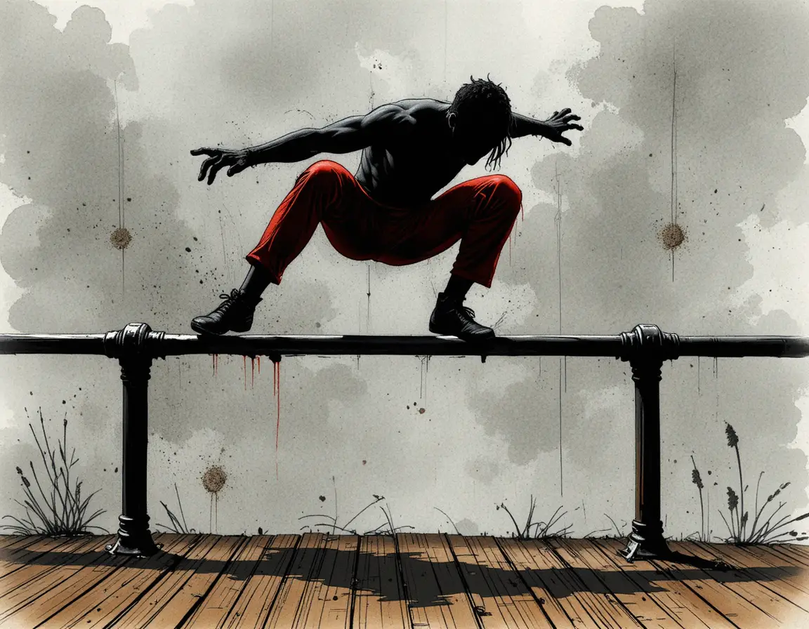 Parkour athlete leaping over railing in comic style