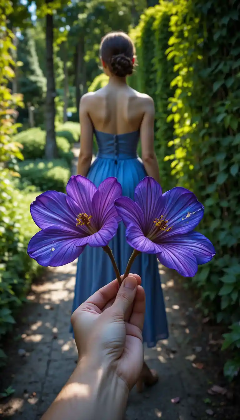 Frau im Garten mit Pflaumen, die eine verspielte optische Illusion erzeugt