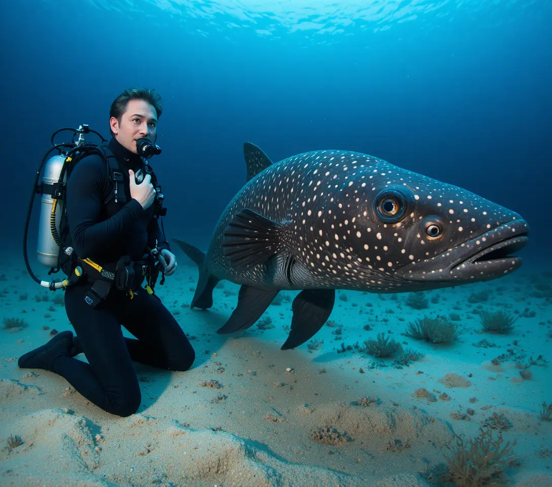 Scuba diver greeting a giant coelacanth on the ocean floor