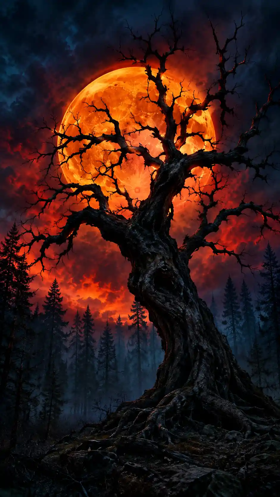 Silueta de árbol retorcido ante una luna llena naranja brillante
