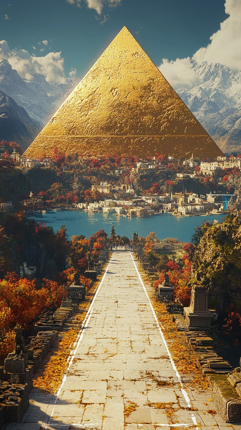 Pyramide dorée au bord d’un lac bleu dans des montagnes d’automne