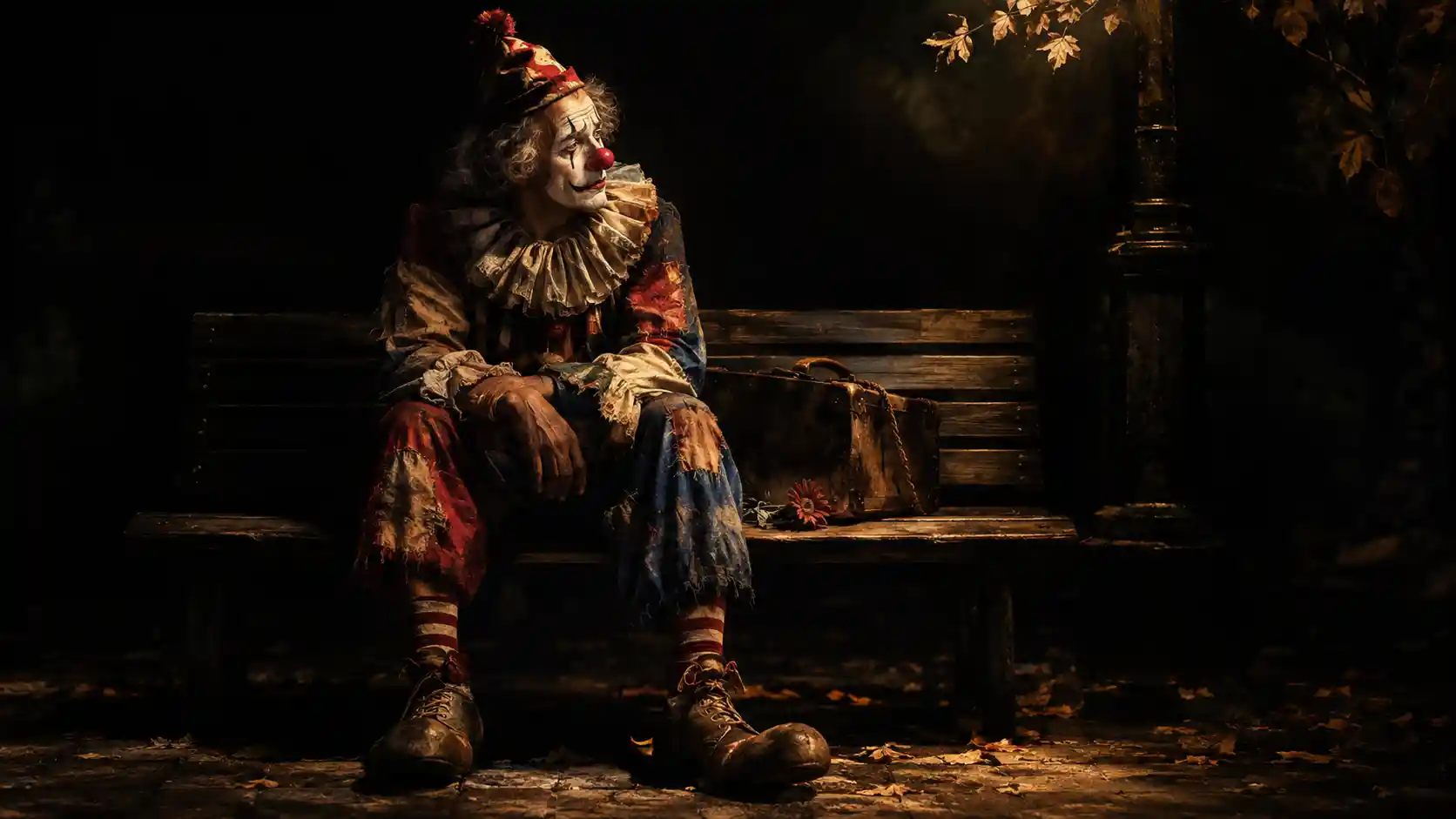 Payaso solitario descansando en un banco del parque bajo una luz dramática