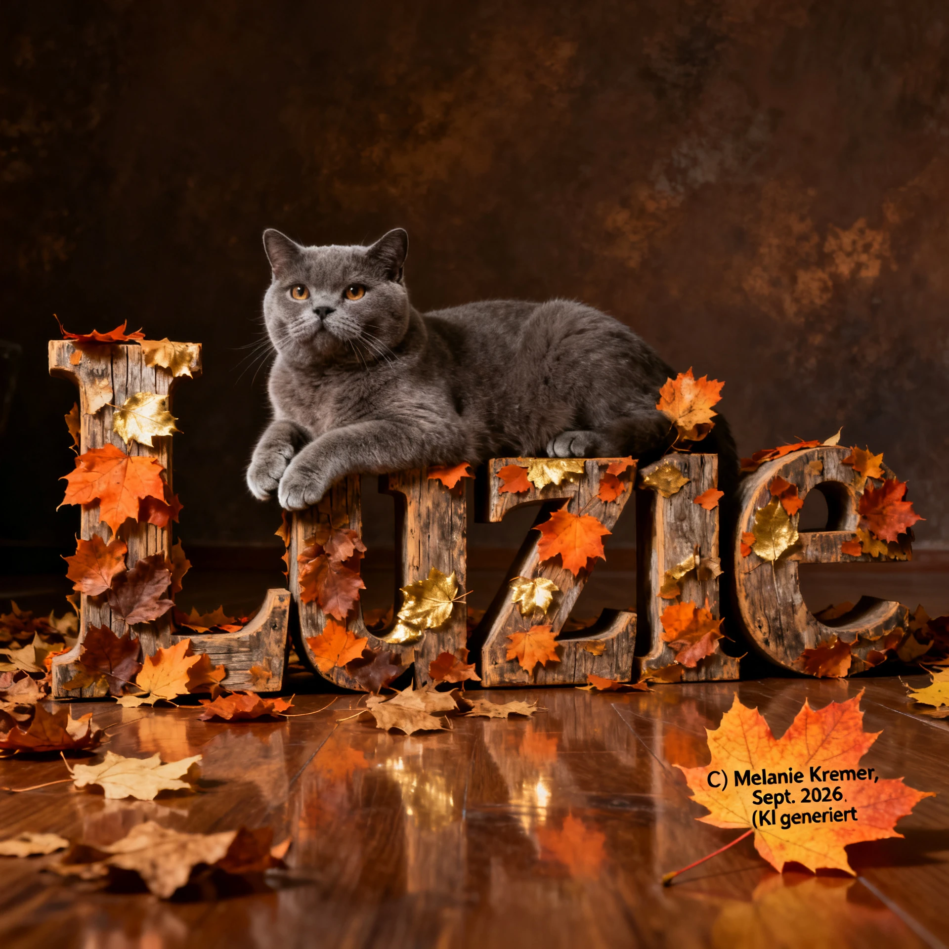 Gatto British Shorthair calmo che riposa su lettere di legno autunnali