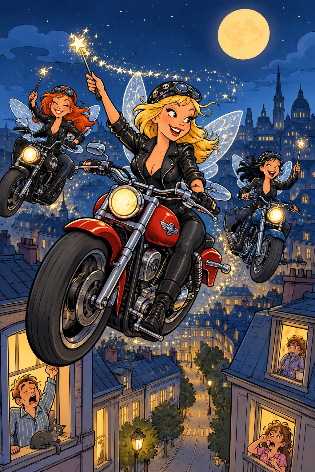 Cartoon fairies riding motorcycles through a sleeping city