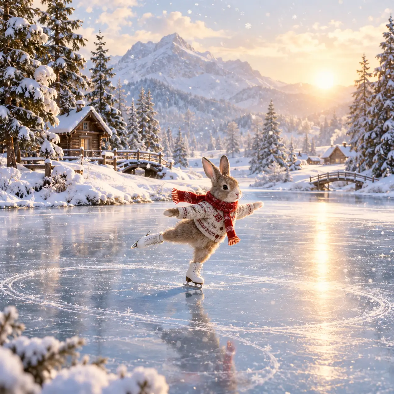 Rabbit skating on a frozen lake in winter sunlight