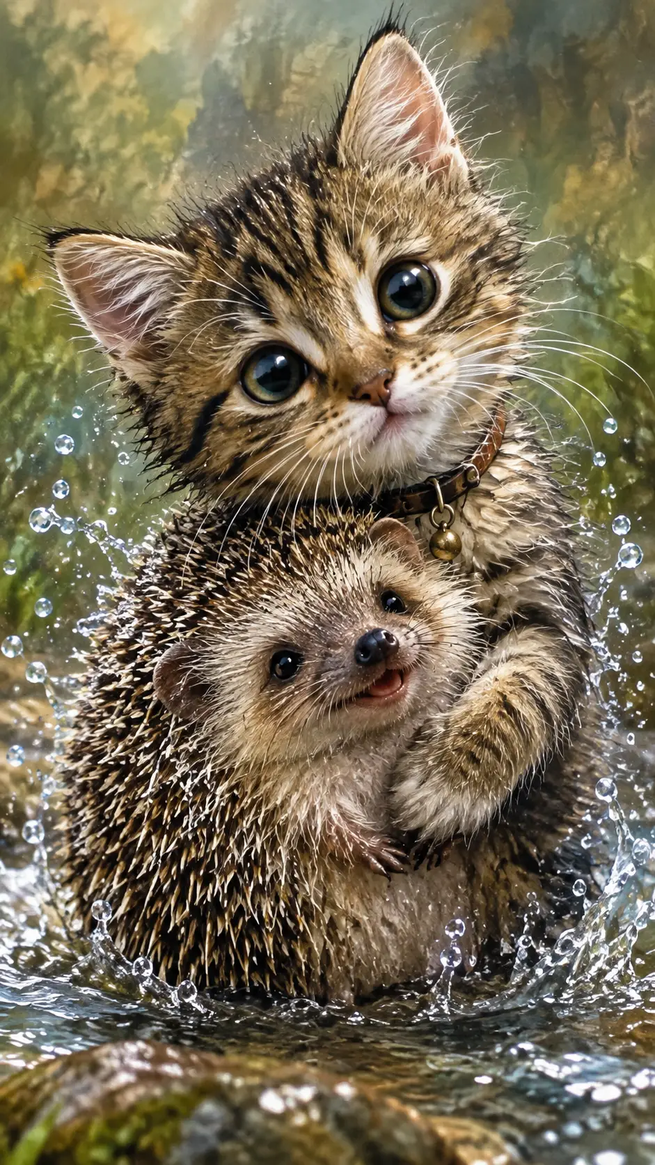 Cute tabby kitten hugging a hedgehog with splashing water