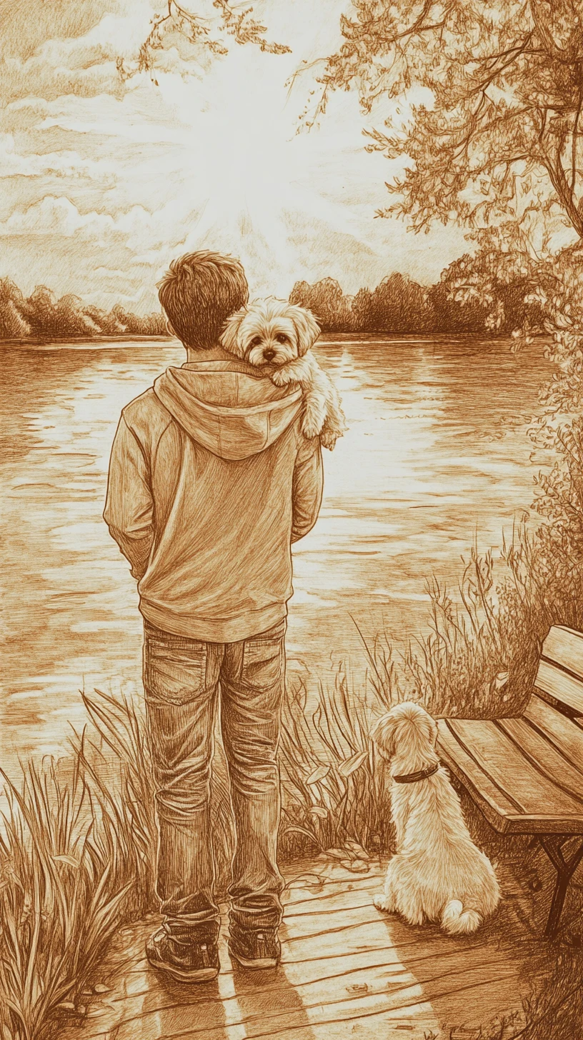 Man with small dog by a quiet lake at sunset