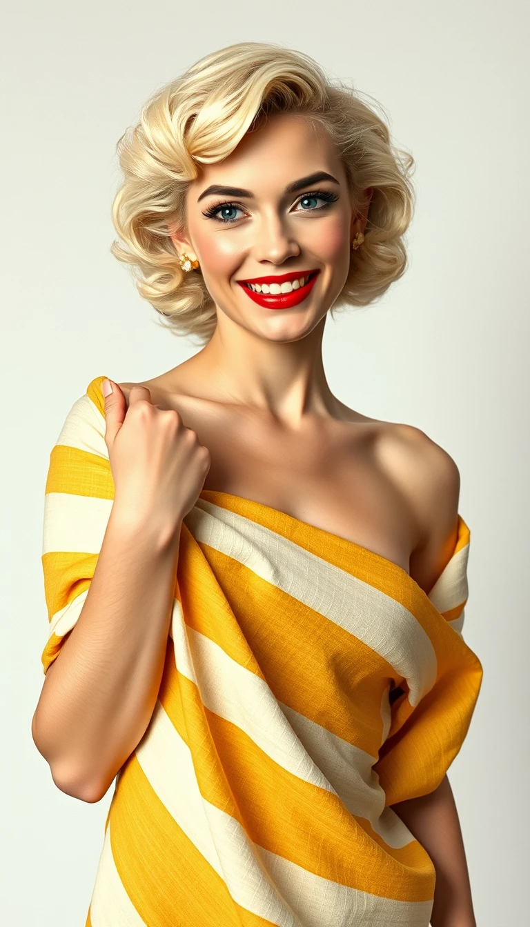 Femme blonde souriante avec châle en soie rayé en studio