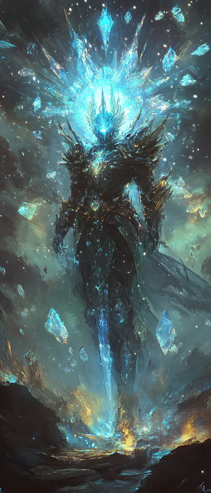 Crystal armored knight guarding a glowing mystical portal