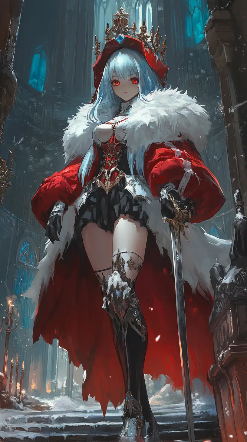 Anime girl before a colossal marble statue under a vast moon