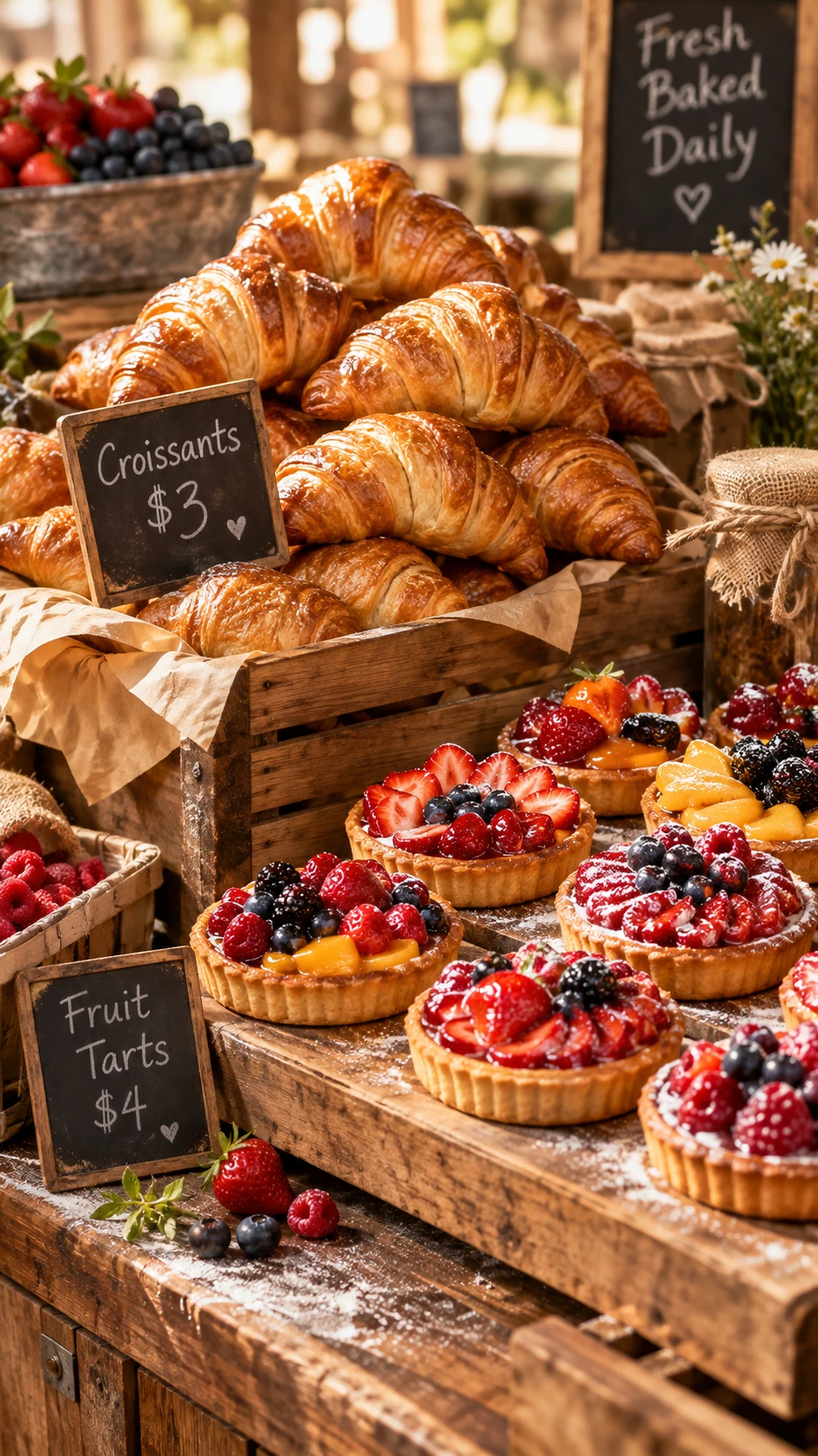 Fresh pastries on rustic wooden market bakery display