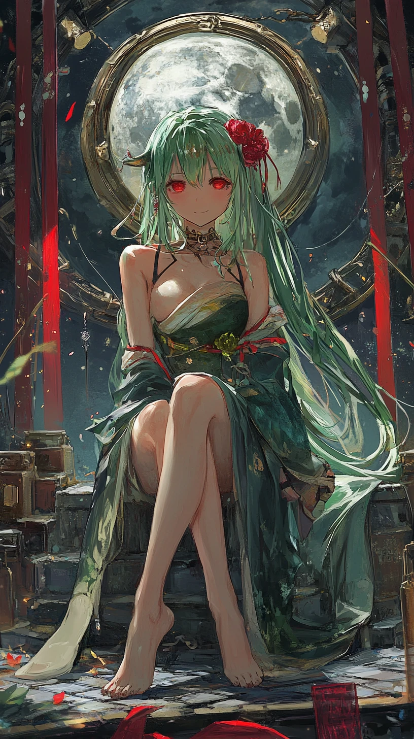 Elegantes Anime-Mädchen mit Drachenhörnern in goldenem schulterfreiem Kleid