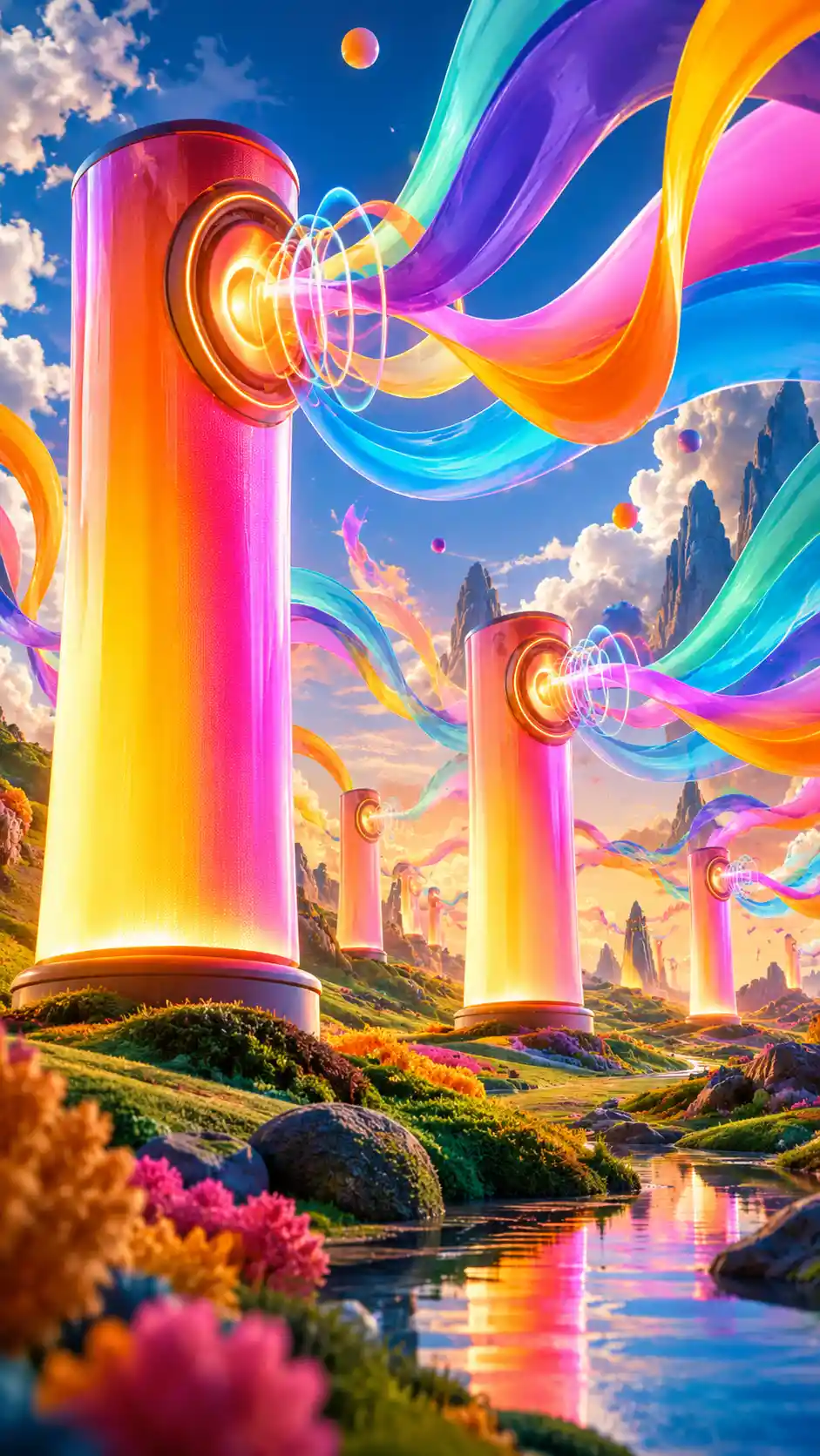 Carteles luminosos surrealistas en un paisaje de fantasía colorido