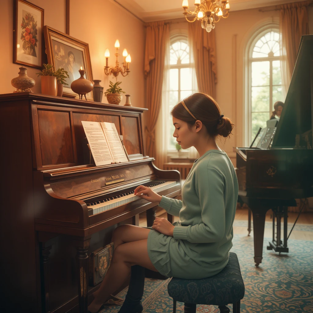 Young girl learning the F key on a small upright piano