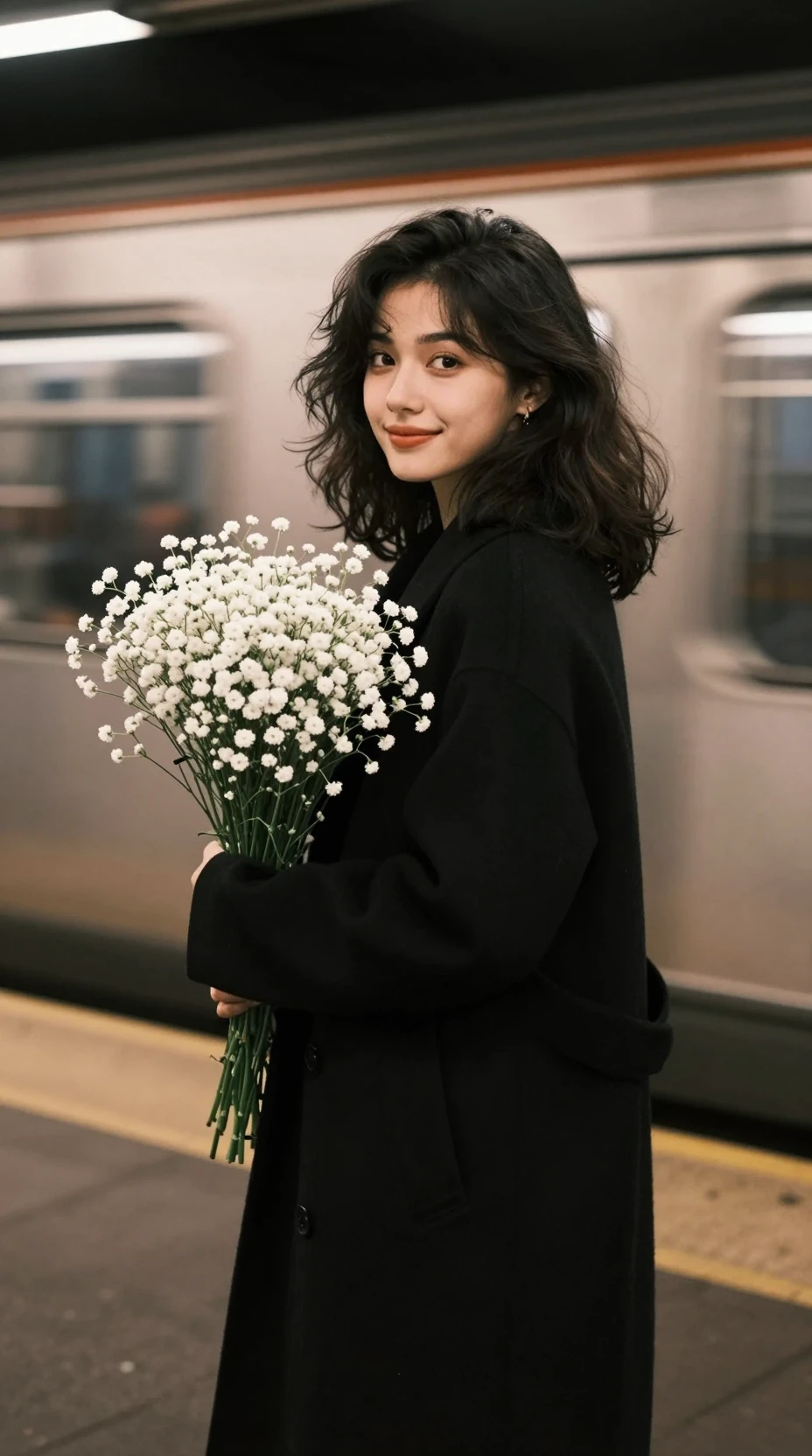 Young woman with flowers on a subway platform