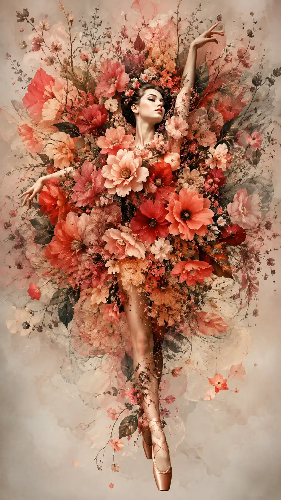Woman obscured by blooming floral explosion in negative space