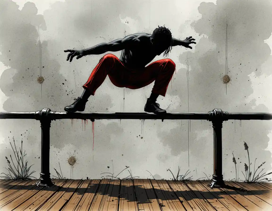 Parkour athlete leaping over railing in comic style